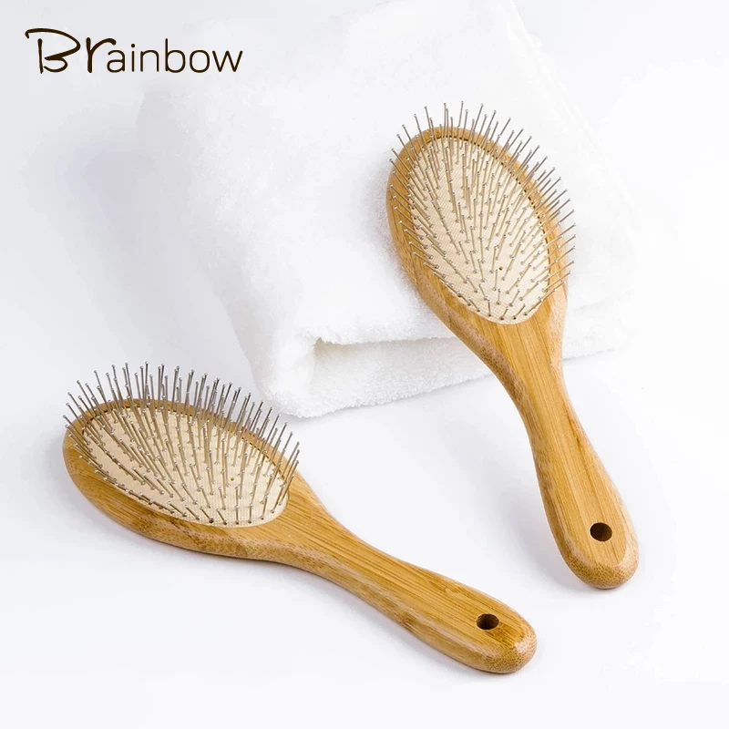 brainbow bambu escova de cabelo de aço agulha cabelo couro cabeludo massagem pente natural pá airbag almofada lidar com escovas