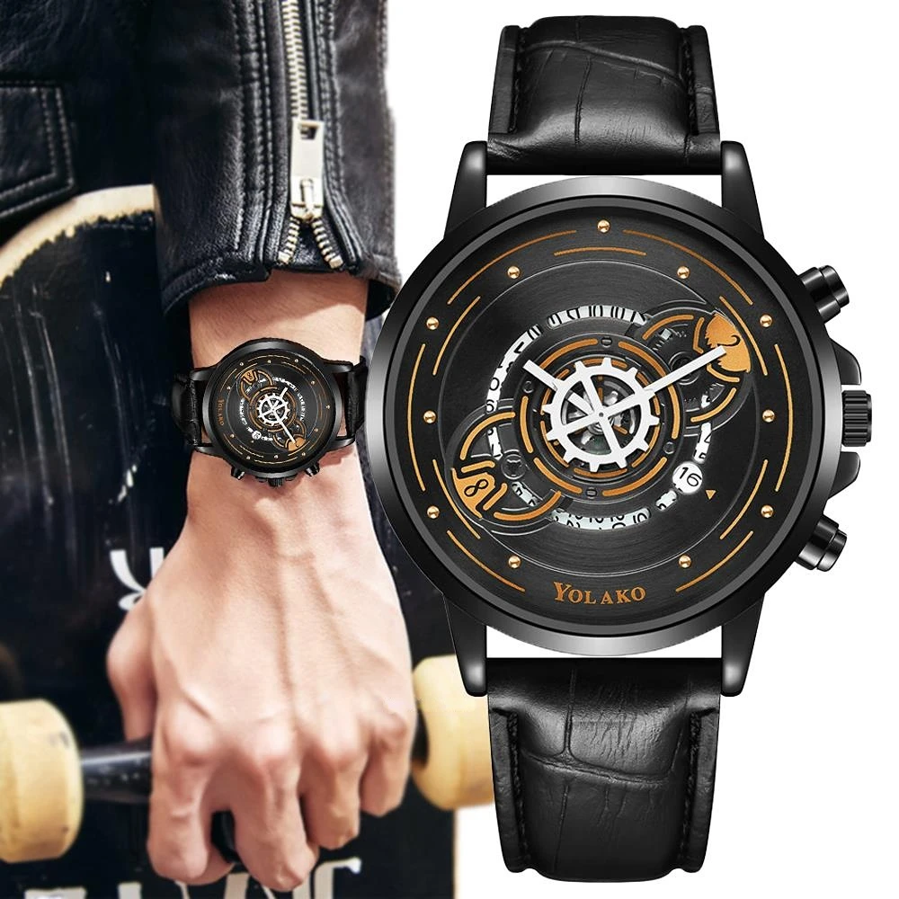 

Fashion Sports Watch Men Creative Skeleton calendar Gears Pointer Design Quartz Watches Casual Business Leather Strap Men Clock