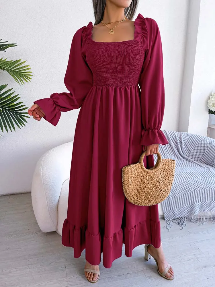 Elegant Square Neck Sleeveless Ruffled Strap Maxi Evening Dress main image 0