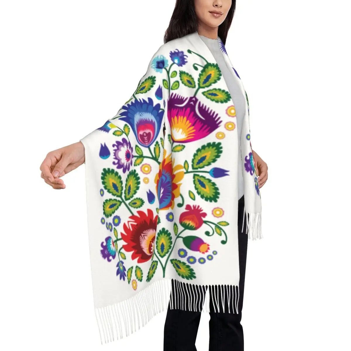 Custom Poland Folk Flowers Scarf Wrap Women Long Winter Warm Tassel Shawl Unisex Polish Floral Art Scarves 4