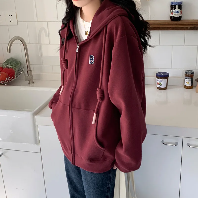 2023 Autumn Winter New Fleece-lined Loose Women Hoodie Thickened Warm Outwear Fashion Casual Mid Length Version Outcoat