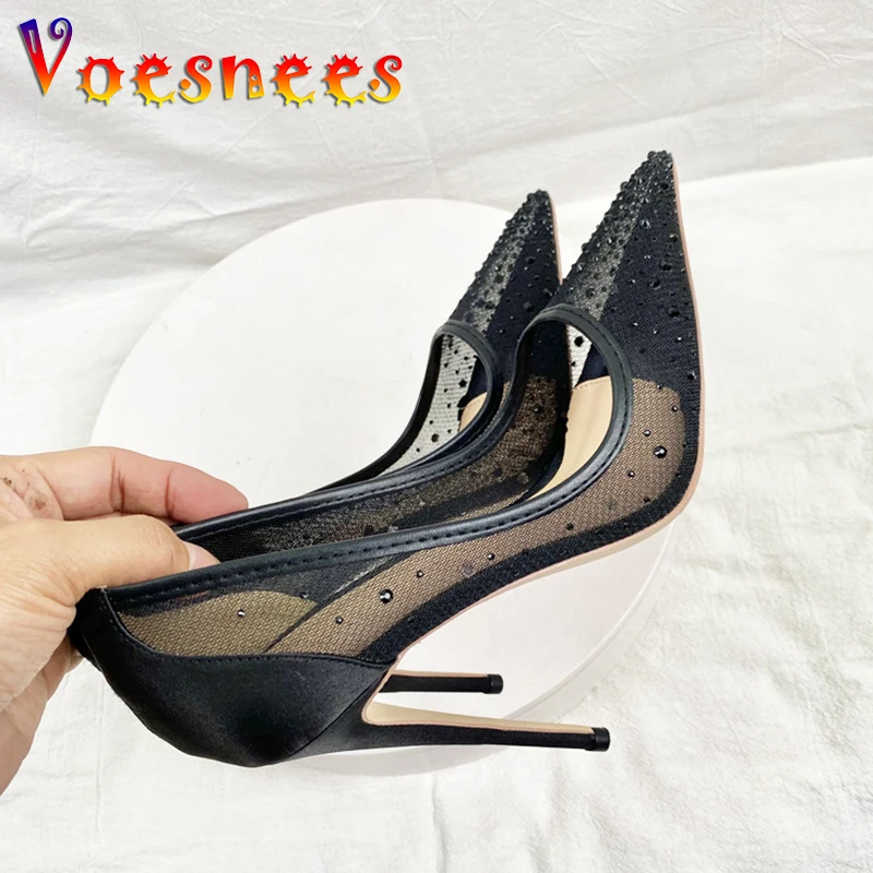 Summer Rhinestone Inlaid Cool High Heels High-quality Breathable Mesh Fashion Single Shoes 12CM Sexy Pointed Tip Women's Pumps 3