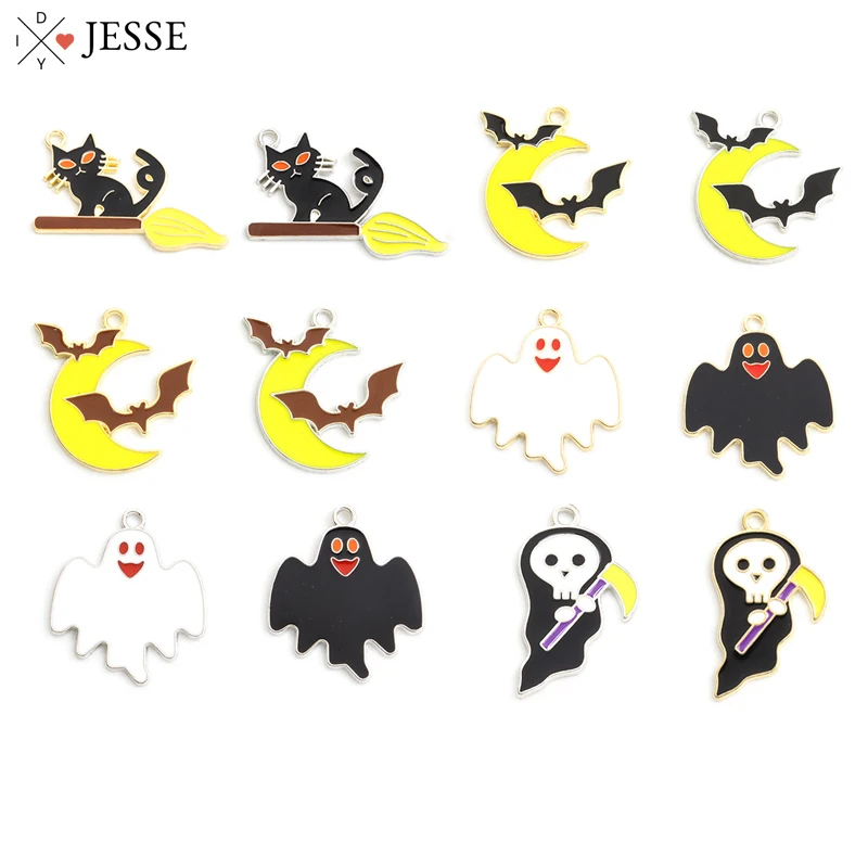 

10pcs/Lot Mix Halloween Enamel Charms Funny Ghost Black Cat Moon Bat Metal Pendant Halloween Ornaments Party Jewelry Accessories
