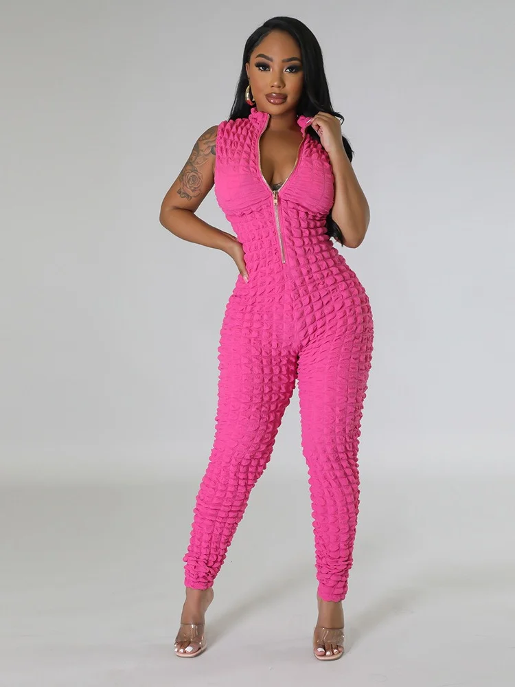 Wmstar Jumpsuit Women 2024 Sleeveless Front and Back Two Piece Solid Color Popcorn Bubble Fabric Zippered Wholesale Dropshipping