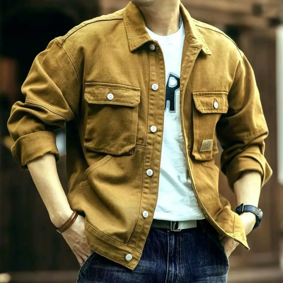Denim Cargo Jacket - Plus Size Men's Oversize Casual Coat With Turn-Down Collar
