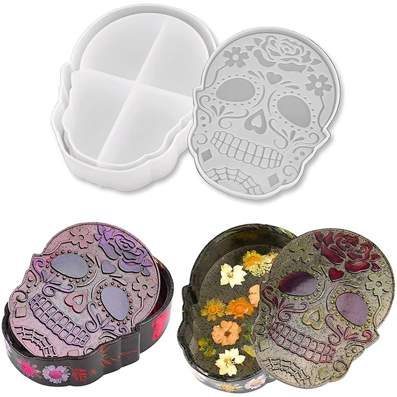 

Skull Jewelry Box Silicone Mold Halloween Skull Storage Box Epoxy Casting Mould with Lid DIY Gift Container Candy Box