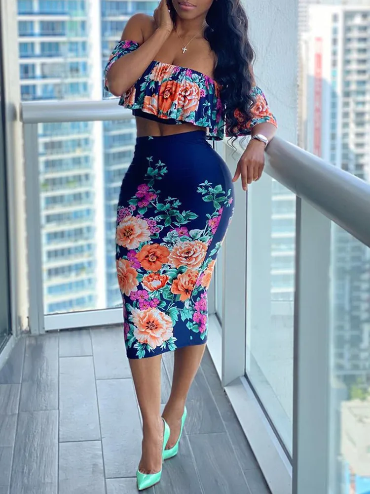 SKMY New In Matching Sets Fashion Floral Print Ruffles Off The Shoulder Crop Top And Bodycon Skirt 2 Piece Sets Women Outfit