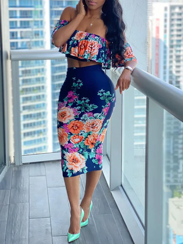 

SKMY New In Matching Sets Fashion Floral Print Ruffles Off The Shoulder Crop Top And Bodycon Skirt 2 Piece Sets Women Outfit