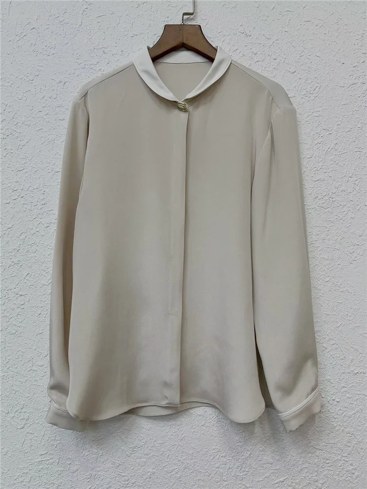 

100% silk shirt women's lapel collar small shell button long sleeved elegant fashion top 2024 spring/summer new