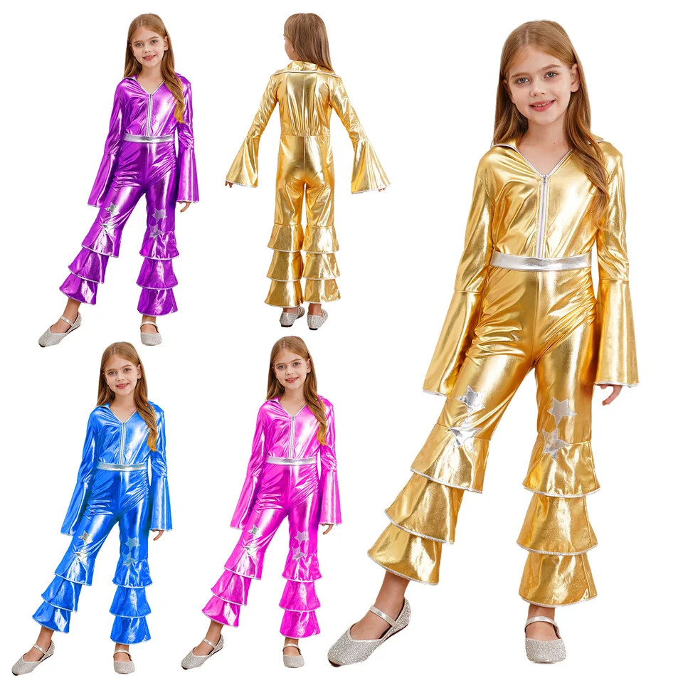 Mono Metálico Brillante Para Niña Con Mangas Acampanadas - Traje De Ballet, Baile Y Fiesta De Los Años 70