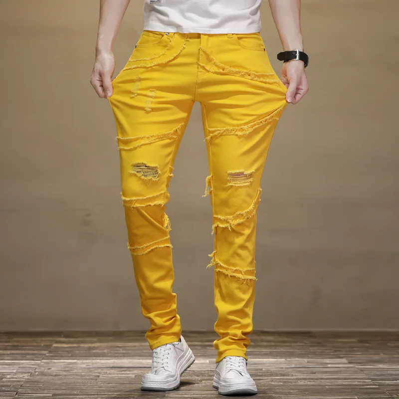 2023 Wiosna Nowa Moda Podarte Obcisłe Dżinsy Rurki Wysokiej Jakości Męskie Silm Streetwear Hip Hop Jeansowe Spodnie Dla Mężczyzn Vaqueros Hombre