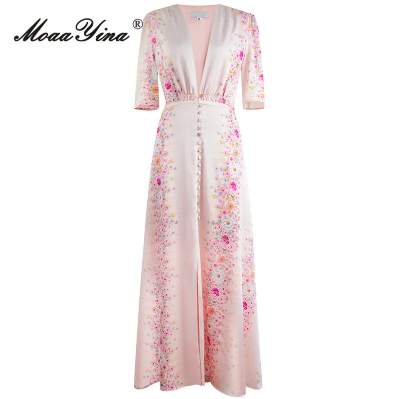 

MoaaYina, Осеннее модное дизайнерское винтажное платье с принтом, вечерние, женское сексуальное платье с v-образным вырезом, пуговицами, высокой эластичной талией, разрезом, тонкое длинное платье