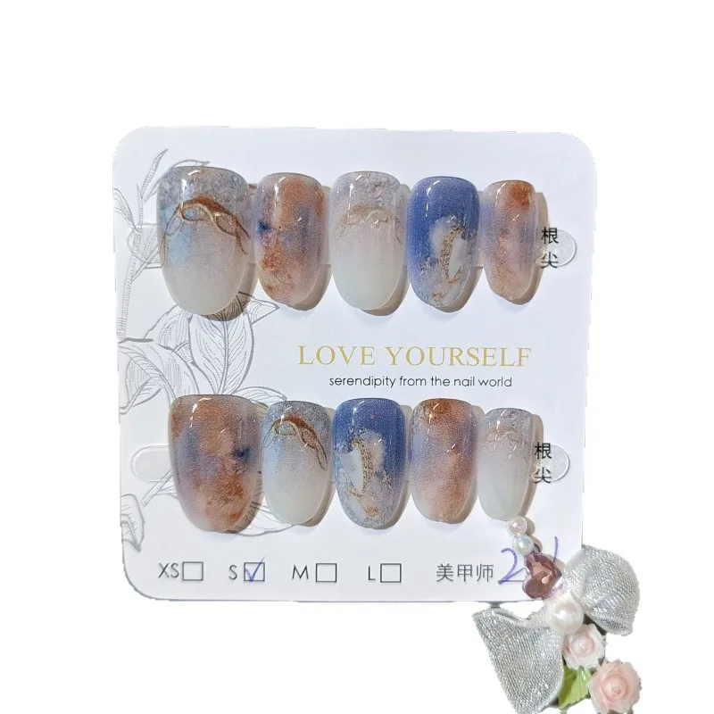 10개입 가짜 손톱 미스트 그라데이션 유화 스타일 메탈릭 프렌치 팁 붙이는 네일 팁 소녀와 친구들에게 선물하기에 완벽