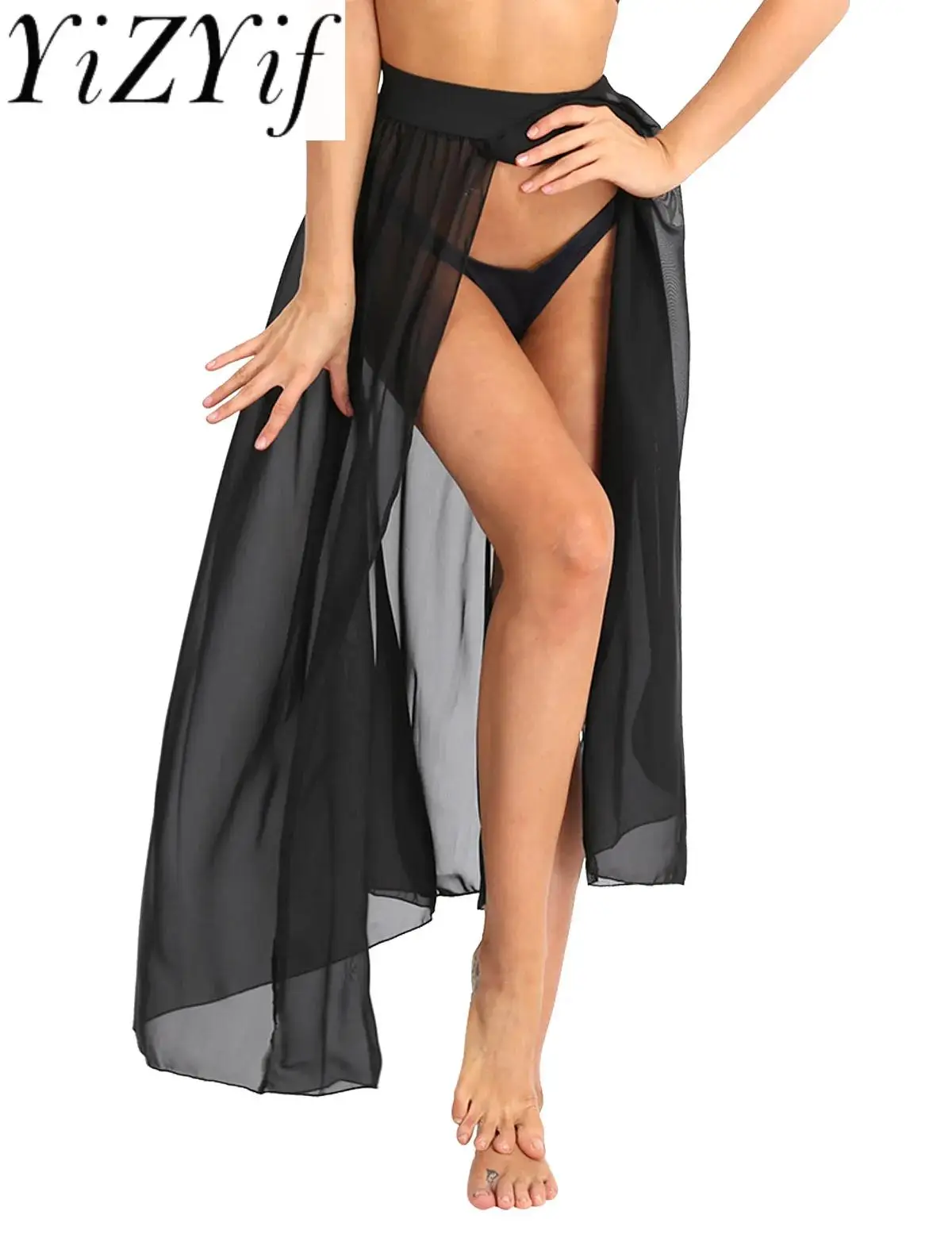 

YiZYiF Women Maxi Skirt Long Split Chiffon Beach Flowy Bikini Cover Up See Through Side Slit Skirt Beach Swimsuit Cover Up Skirt