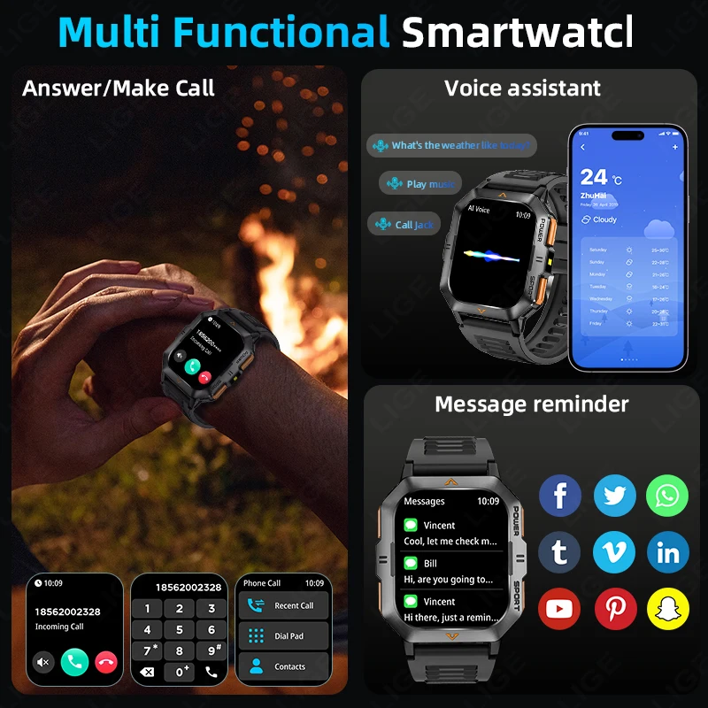 LIGE Smart Watch For Men 2.01” 430mAh Blood Oxygen Bluetooth Call Watch 100+ Sports IP68 Waterproof Smartwatch Man Reloj Hombre