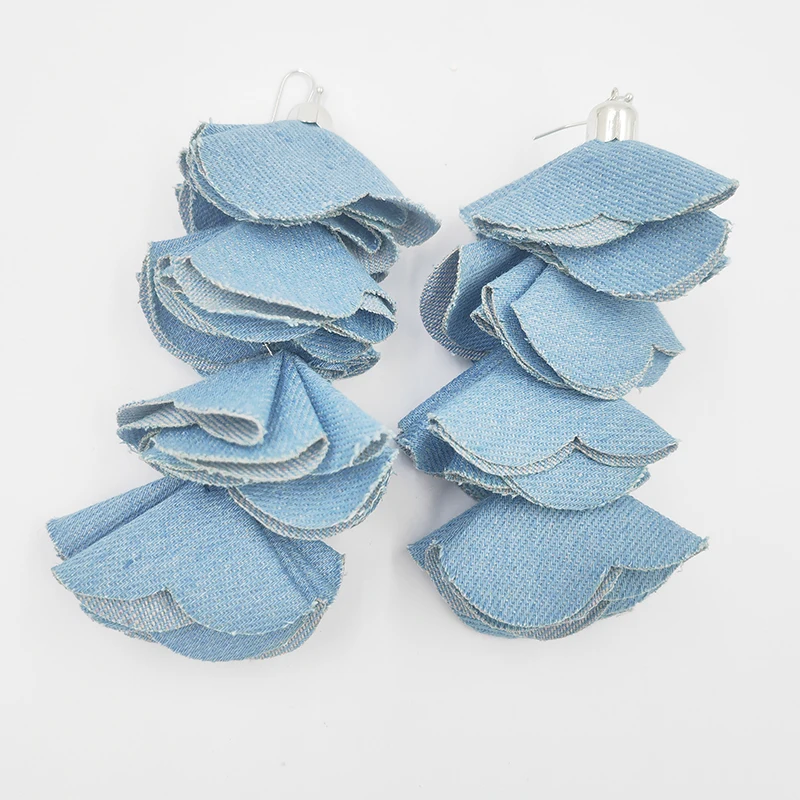 New Bohemia Handmade Four Denim Liner Flower Drop Earrings for Women Statement Earring 3