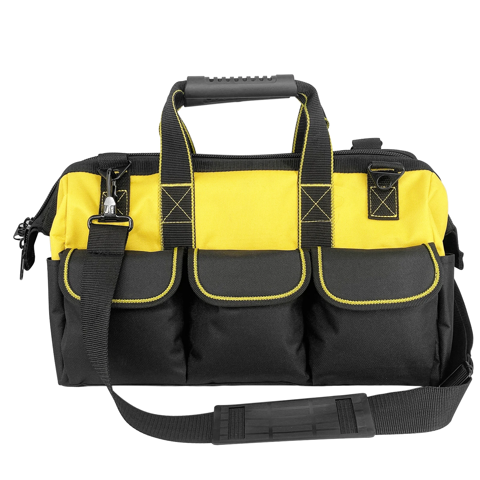 

Garden Tools Bag 15inch Wide Mouth Tool Bag with Molded Base Tool Tote for Men Heavy Duty,600D polyester fabric (Yellow color)