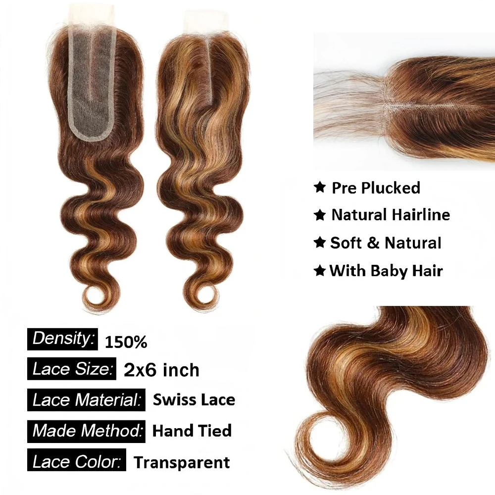 P4/27 Highlight Straight 2x6 Lace Closure Body Wave Transparent Swiss Lace Brazilian Human Hair Pre-Plucked With Baby Hair 4
