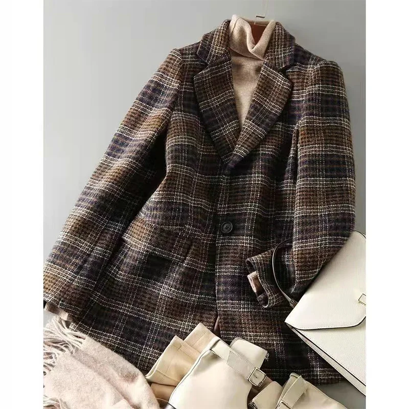 Autumn Winter Women's Vintage Plaid Printing Casual Fashion Blazers Female Slim All-match Woolen Jacket Ladies Elegant Coat Suit
