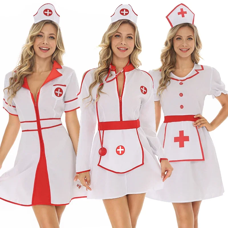 

Carnival Halloween Lady Head Nurse Costume Classic Hospital Uniform Temptation With Hairhoop Cosplay Fancy Party Dress