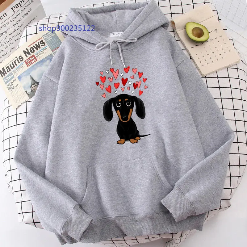 Dachshund หัวใจ Hoodies ผู้หญิงน่ารักการ์ตูนสุนัข Hooded Oversized