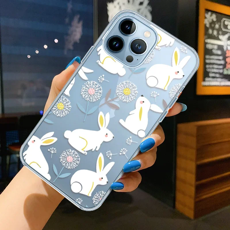 Custodia Per Telefono Kawaii White Rabbit Per Iphone 15 13 Pro Max Mini Xr Xsmax 7 8 Plus Se Cover Morbida In Tpu Trasparente Per Iphone 12 11 14