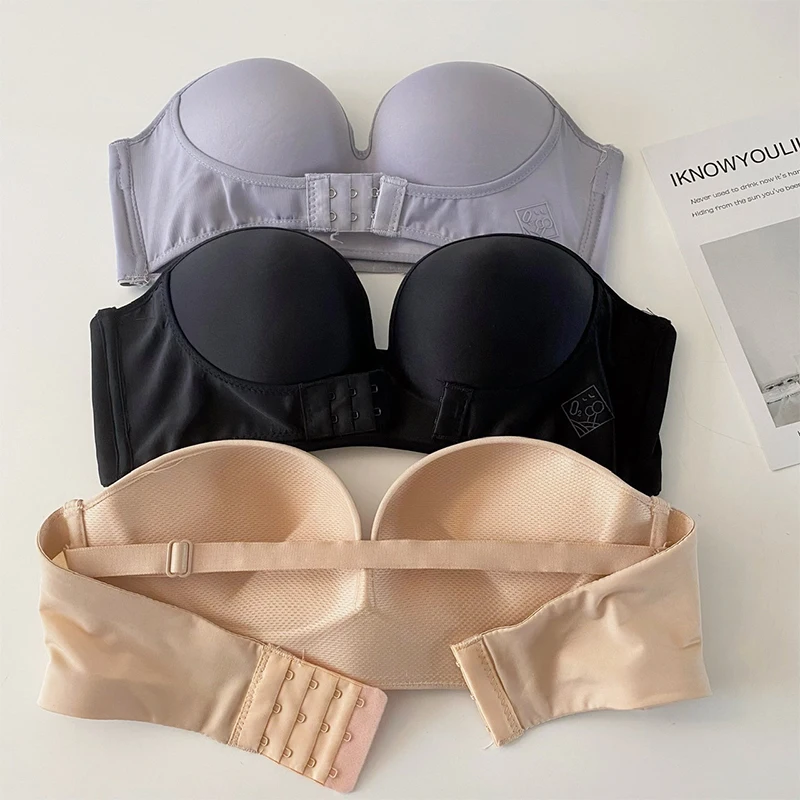 BANNIROU Strapless Front Buckle Bra For Woman Solid Soft Lingerie Wire Free Sexy Underwear Lady Push Up Strapless Bras Female