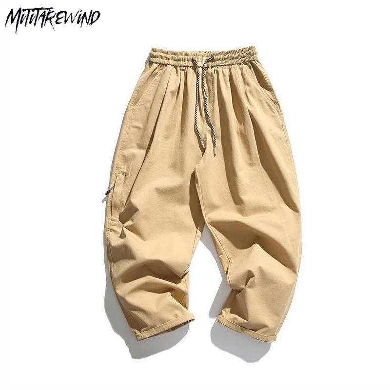 

Japanese Casual Loose Pants Men Straight Wide Leg Pockets Male Vintage Elastic Waist Streetwear Solid Cotton Male New Trousers