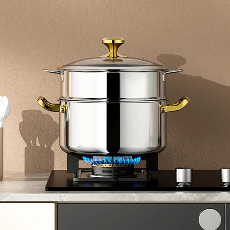 

Кухонная утолщенная неприлипающая кастрюля для супа из нержавеющей стали 304 с двумя ушками, кухонная утварь для готовки на пару