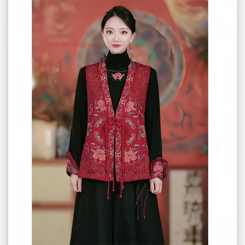 

2024 chinese vintage hanfu tops traditional ethnic jacquard vest national flower embroidery sleeveless jacket retro tang suit