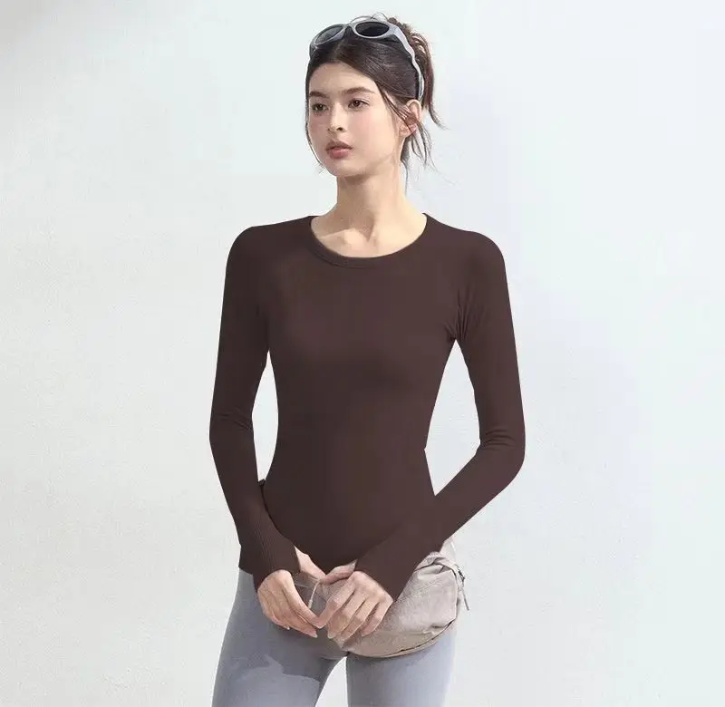 퀵 드라이 통기성 크루넥 요가탑, 신축성 있는 슬림핏 피트니스 셔츠, 러닝, 아웃웨어 및 베이스 레이어용 긴팔 운동복 상의