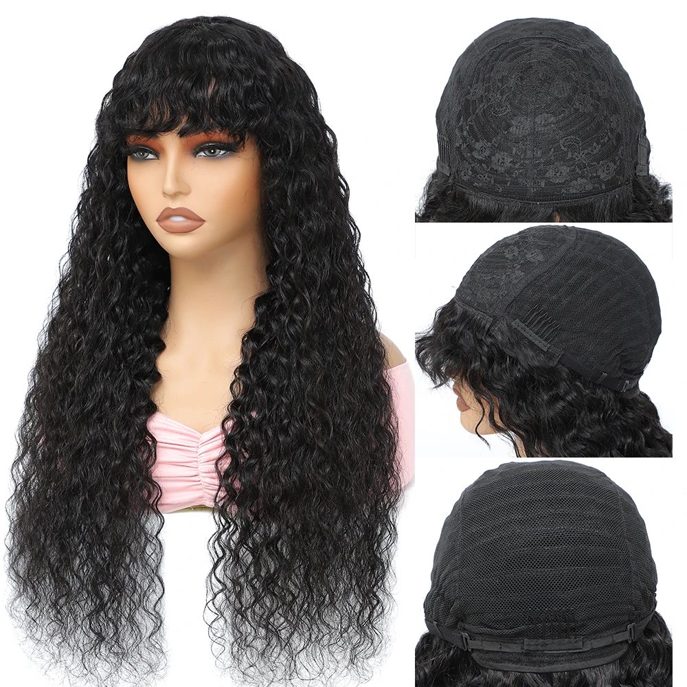 Long Water Wave Wigs For Black Women Malaysian Curly Human Hair Wigs With Bangs Full Machine Made Wigs Cheap Remy Human Hair Wig