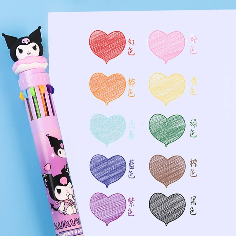 Ballpoint Pen Sanrio Press Ten Color Cartoon Kawaii Kuromi Multi-color Students Gel Pen Melody Sanrio Stationery Write Cute Pens