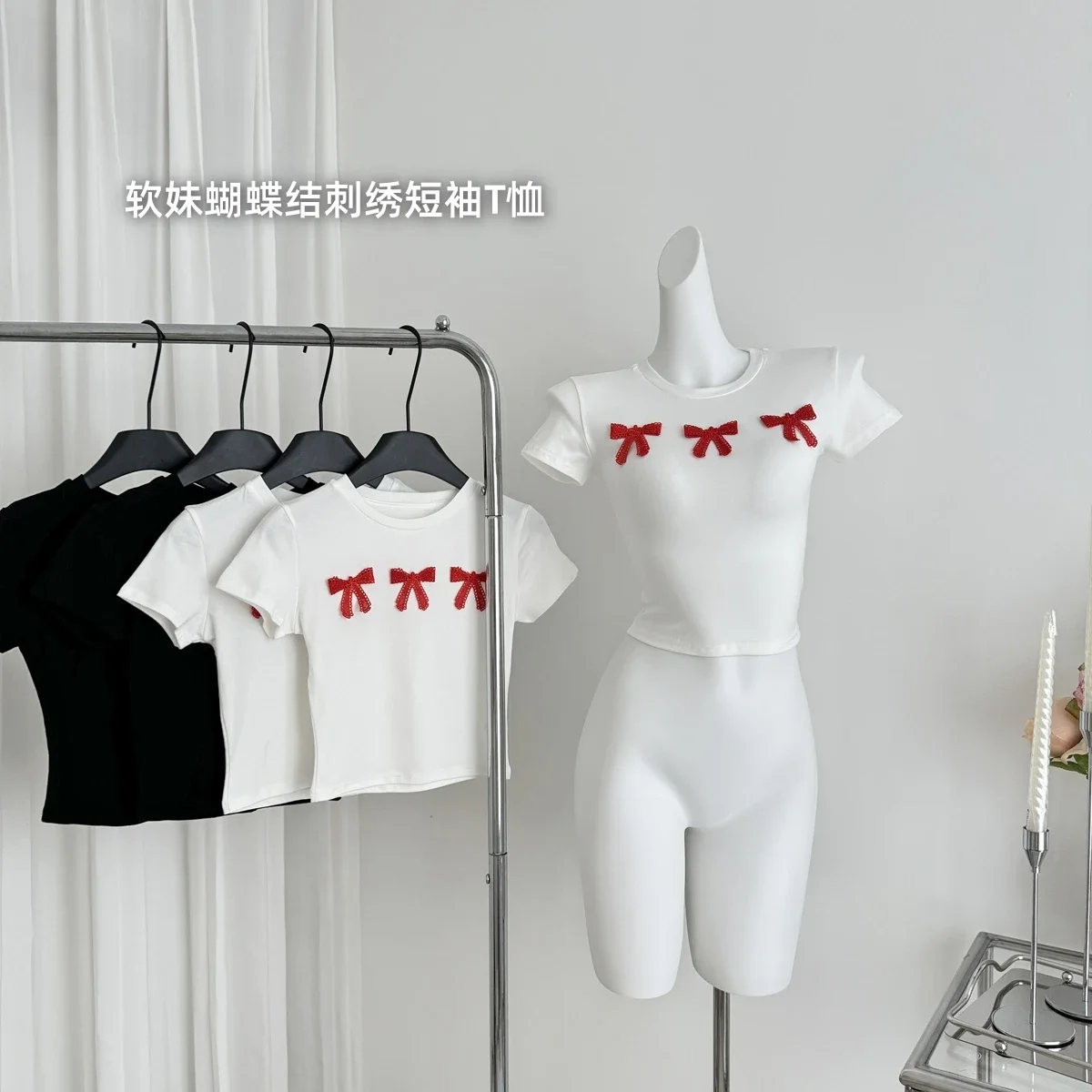 

Women's White Bow T-shirt Harajuku Korean Style Y2k Vintage Short Sleeve O-Neck Black T-shirts 2000s Trashy Clothes Summer 2024