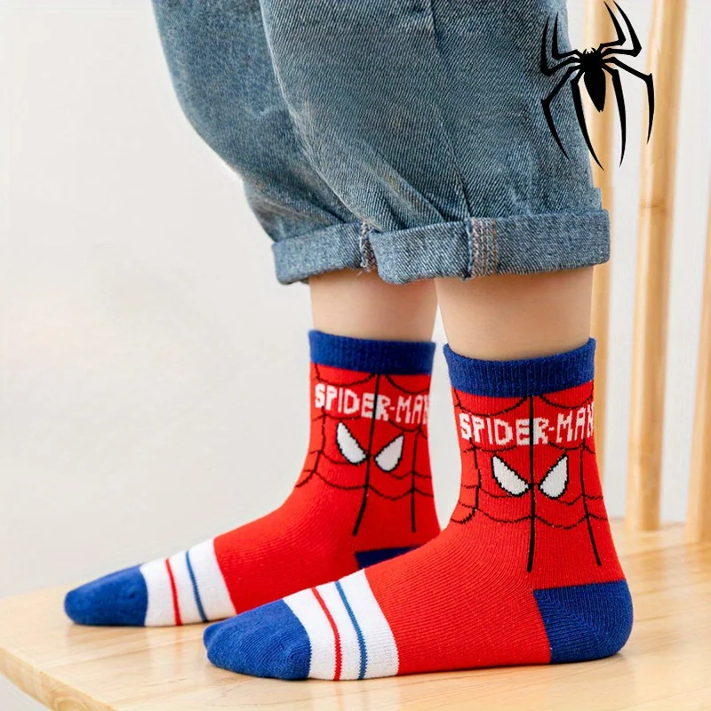 5 pairs of children's mid-tube socks for boys cartoon spider cotton socks for boys students breathable autumn and winter socks 4