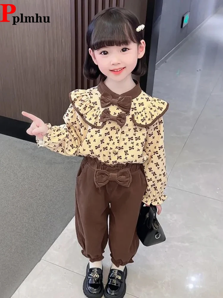 

Girls Bowknot 2 Piece Set Kids Floral Shirts Tops + Elastic Waist Corduroy Pants Outfit Spring Fall Korean Children Conjuntos