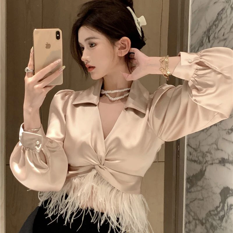 

GIDYQ Elegant Criss Cross Satin Shirts Women Korean Fashion Tassel Patchwork Crop Tops Sexy V Neck Simple Slim Chic Blouses New
