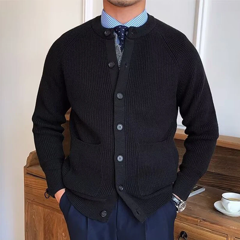 Vintage Buttoned Crew Neck Sweater Mens Cardigans Solid Color Long Sleeve Casual Knitted Jackets For Men Fall Winter Sweaters