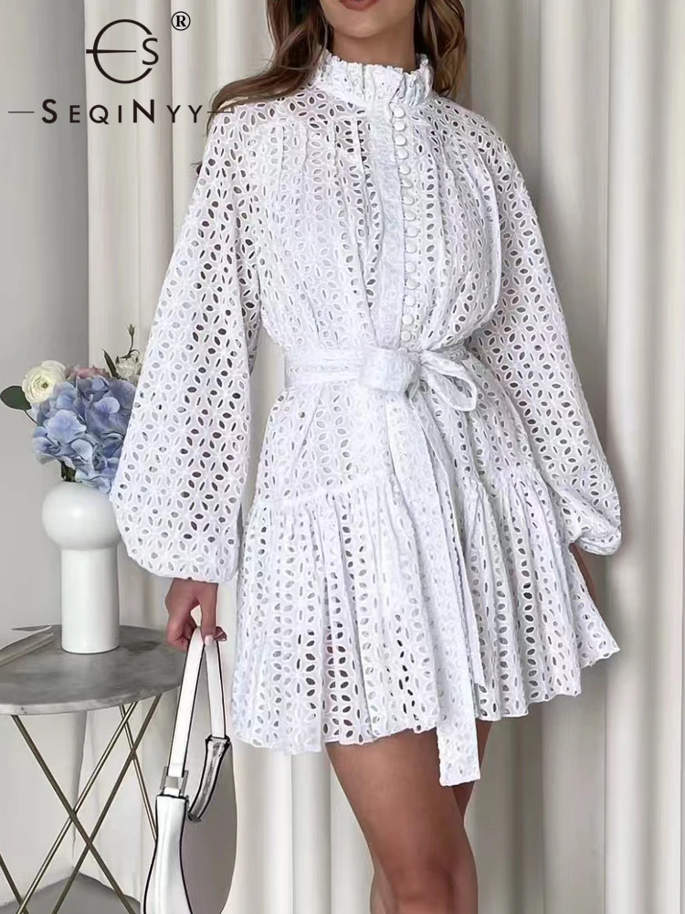 

SEQINYY Loose Mini Dress Summer Spring Lantern Sleeve New Fashion Design Women Runway Vintage Hollow Out Belt Casual Holiday