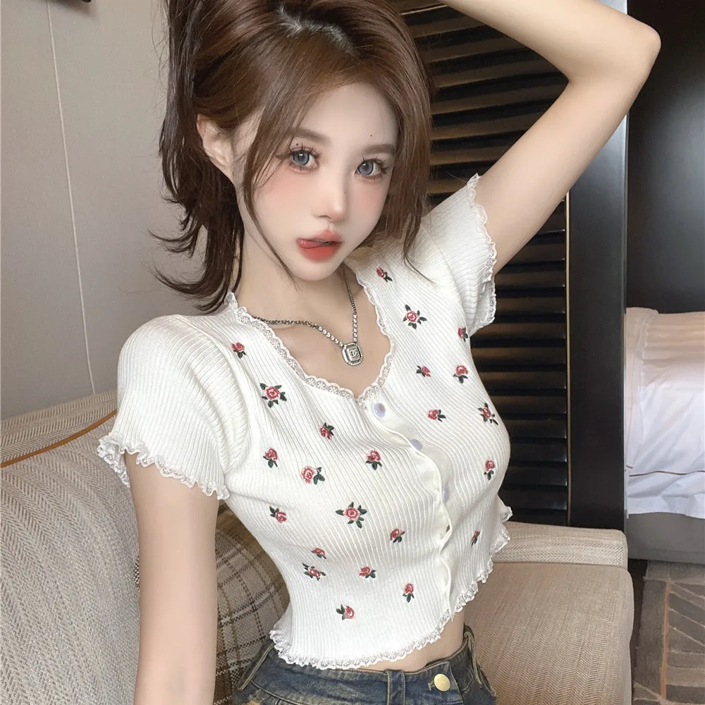 

Korea New Floral Short Knit Cardigan Lace Short Sleeve Top Fashion Flower Cardigan In Spring And Summer Cropped