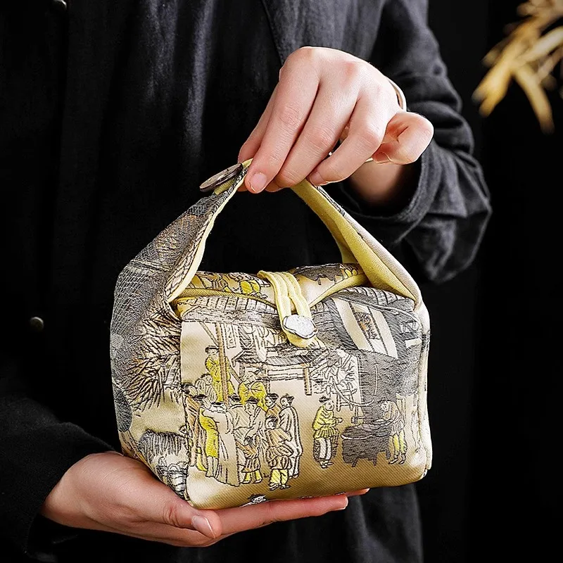 Silk Storage Bag Luxury Cup Bags Handmade Tea Cup Fabric Bag Portable Tea Ceremony Travel Bag Cup Storage Organizer