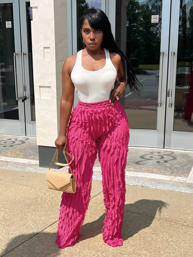 

Women Ruffles Patchwork Wide Leg Pant Y2K Streetwear Wave Splicing Elastic Waist Straight Trousers Summer Loose Casual Sweatpant