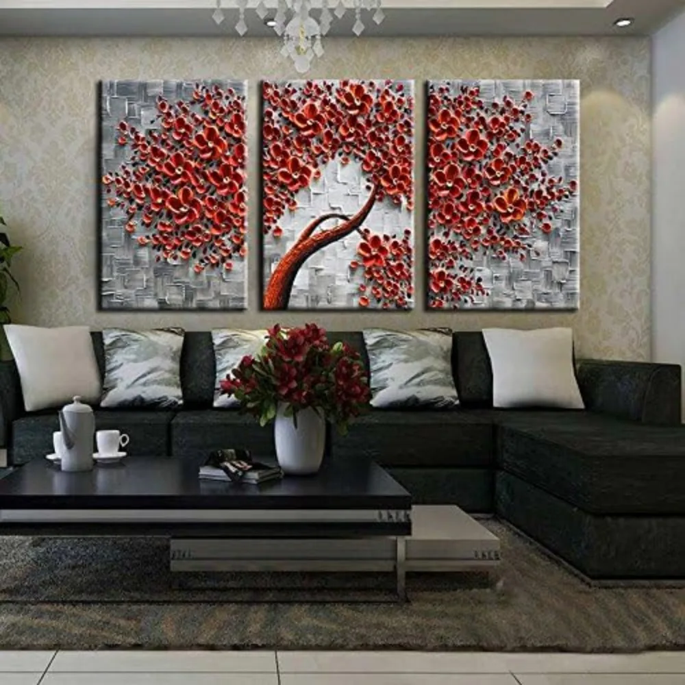 

Hand Painting Oil Canvas 3D Red Flower Trees Paintings Wall Decoration Abstract Artwork 3 Panels Landscape Decorative Paintings