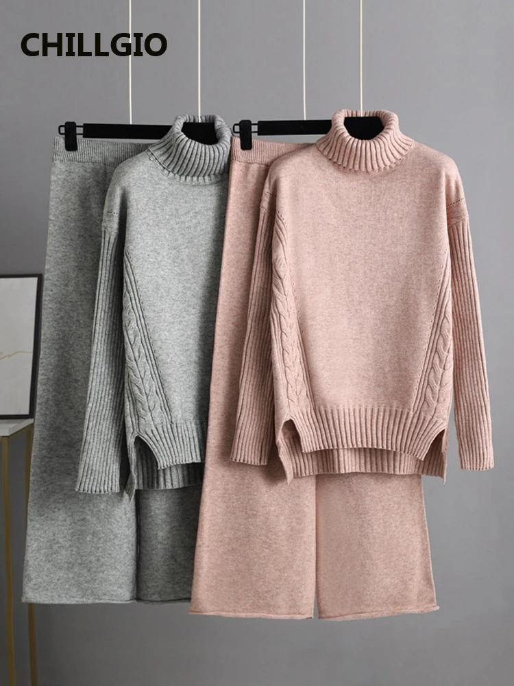 

CHILLIGO Women Knitted Sweater Set Winter Turtleneck+Long Wide Leg Pants Casual Warm Tracksuits Autumn Two Piece Knitting Suits