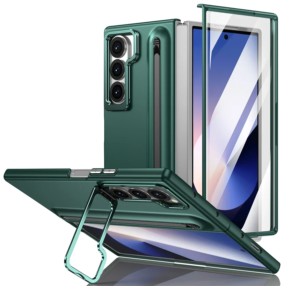 Premium Metal Lens Stand Case with S Pen Slot and Tempered Glass Protector for Samsung Galaxy Z Fold Series