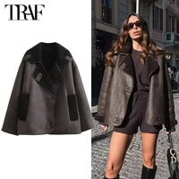 TRAF Thick Faux Leather Jackets for Women Autumn Winter Warm Jackets Woman 2024 Faux Wool Coats Long Sleeve Oversized Jacket 1