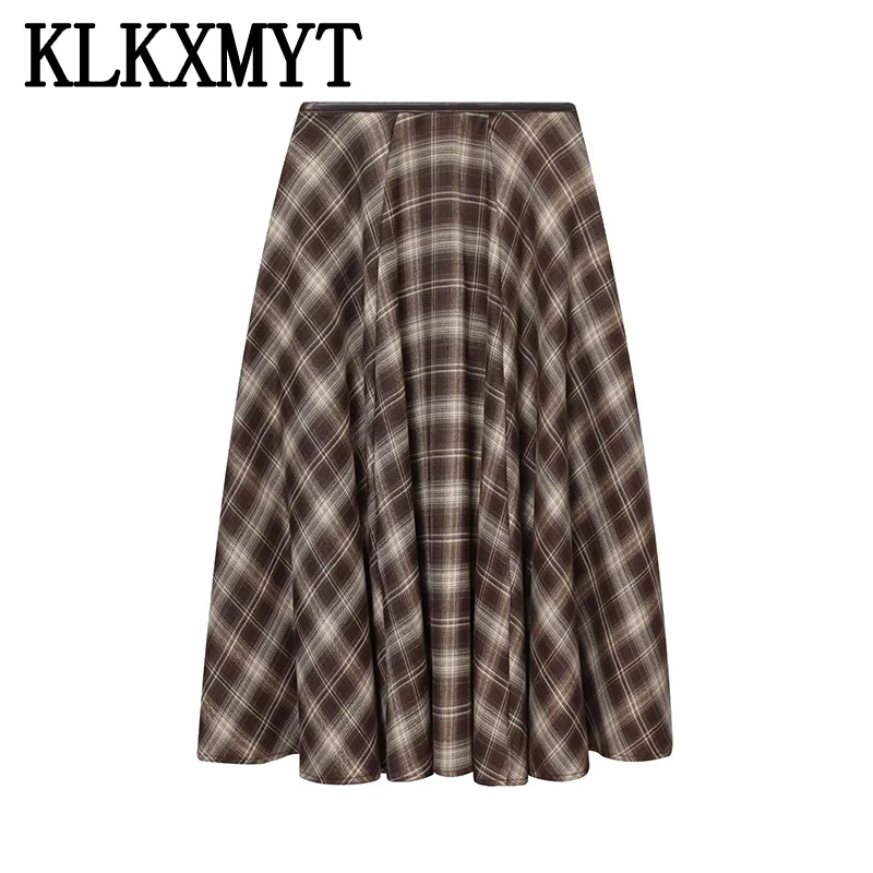 Chic Elegant Long Skirts For Women Fashion Check Pleated Midi Skirt High Street Casual Women's Skirt Temperament New Skirts