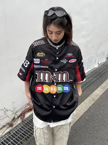 아메리칸 레트로 자수 야구 셔츠, 하라주쿠 힙합 반팔 셔츠, 캐주얼 패션 유니폼 셔츠, 빈티지 스트리트웨어 2