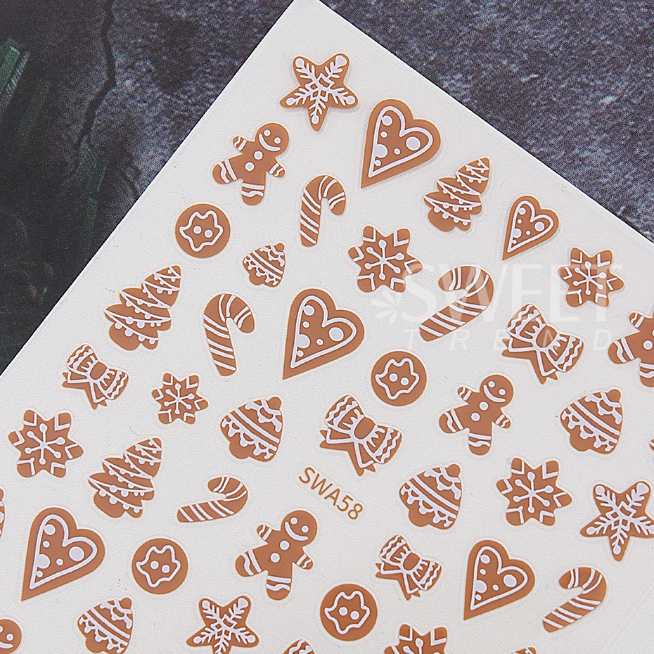 2pcs 3D Christmas Gingerbread Man Nail Stickers Cute Candy Bows Heart Nail Slider Winter Snowflake Nails Decorations Accessories