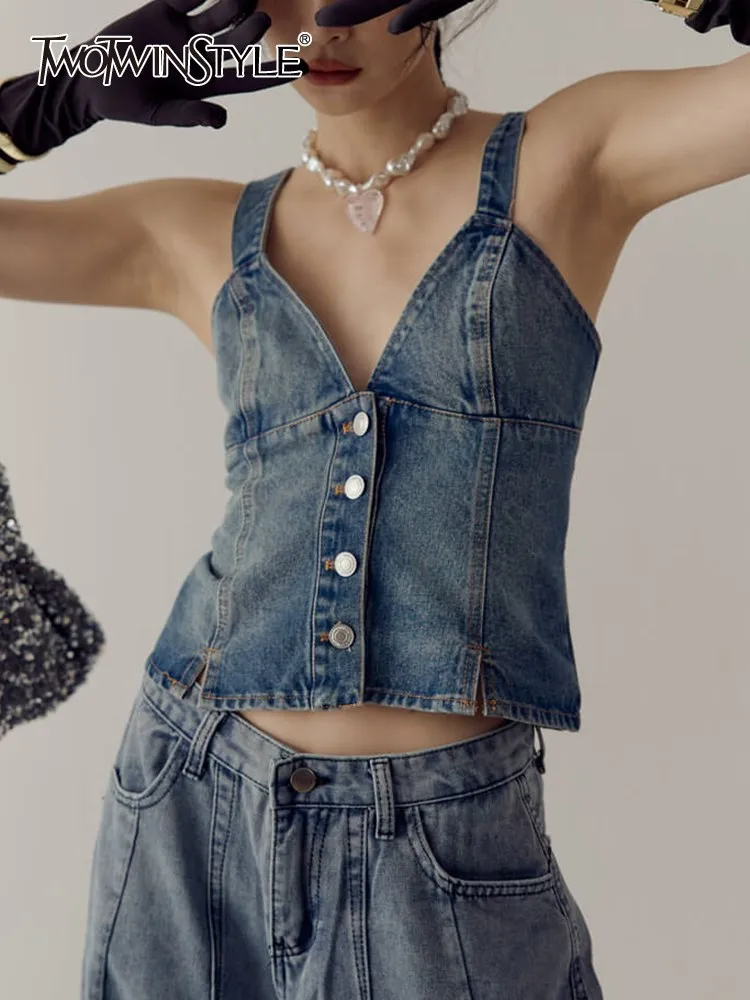

TWOTWINSTYLE Streetwear Patchwork Single Breasted Vest For Women V Neck Sleeveless Designer Denim Tops Female Fashion Style New
